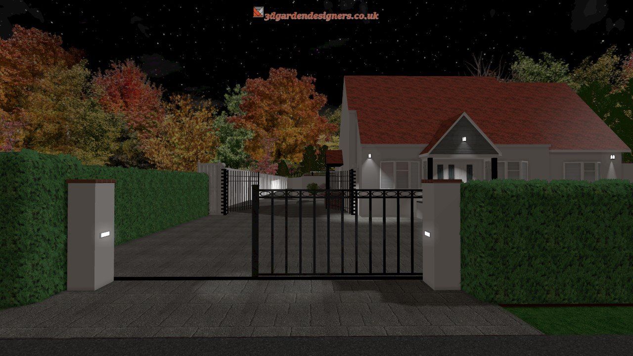 A computer generated image of a house at night