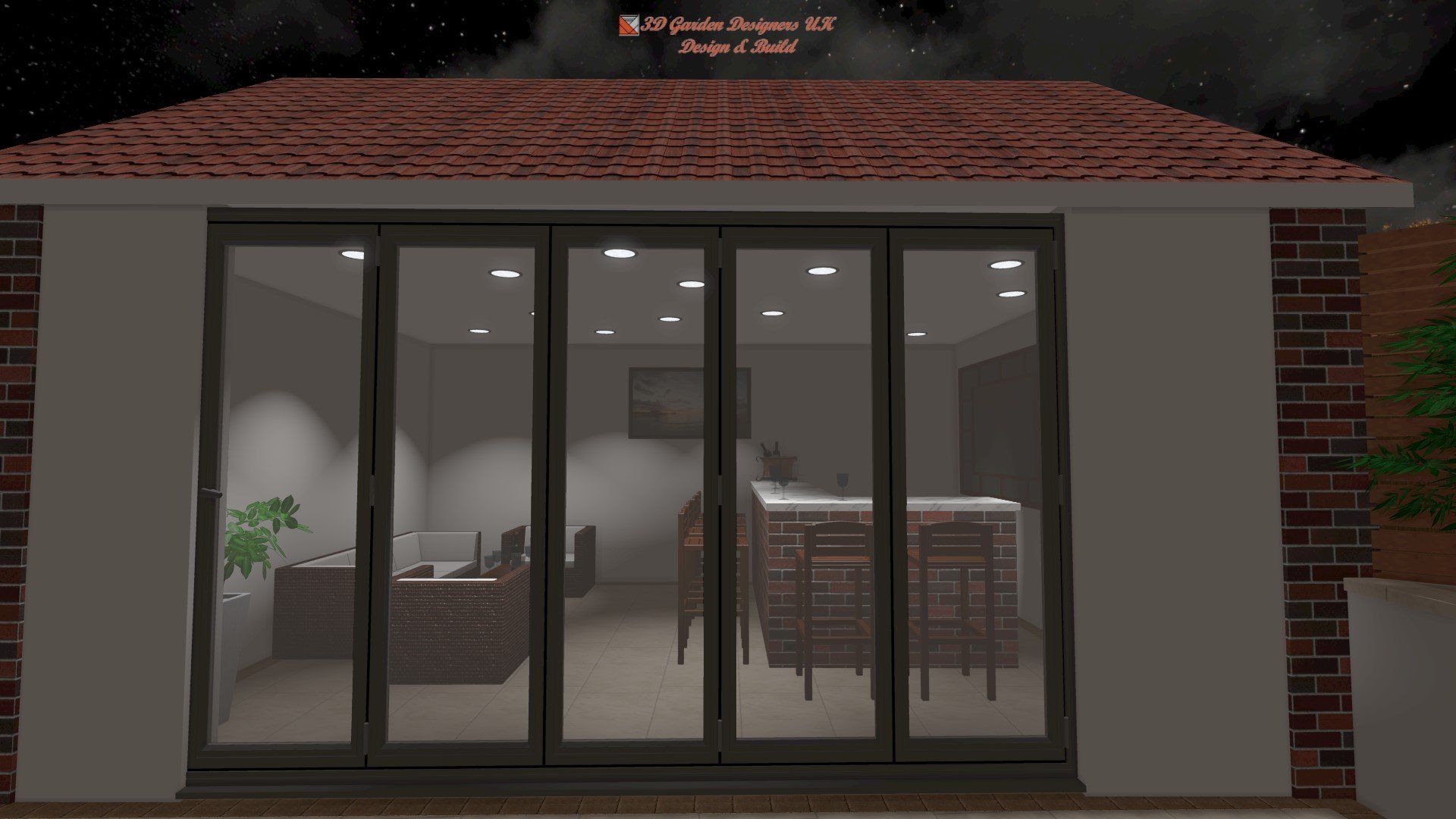 A computer generated image of a house with sliding glass doors.