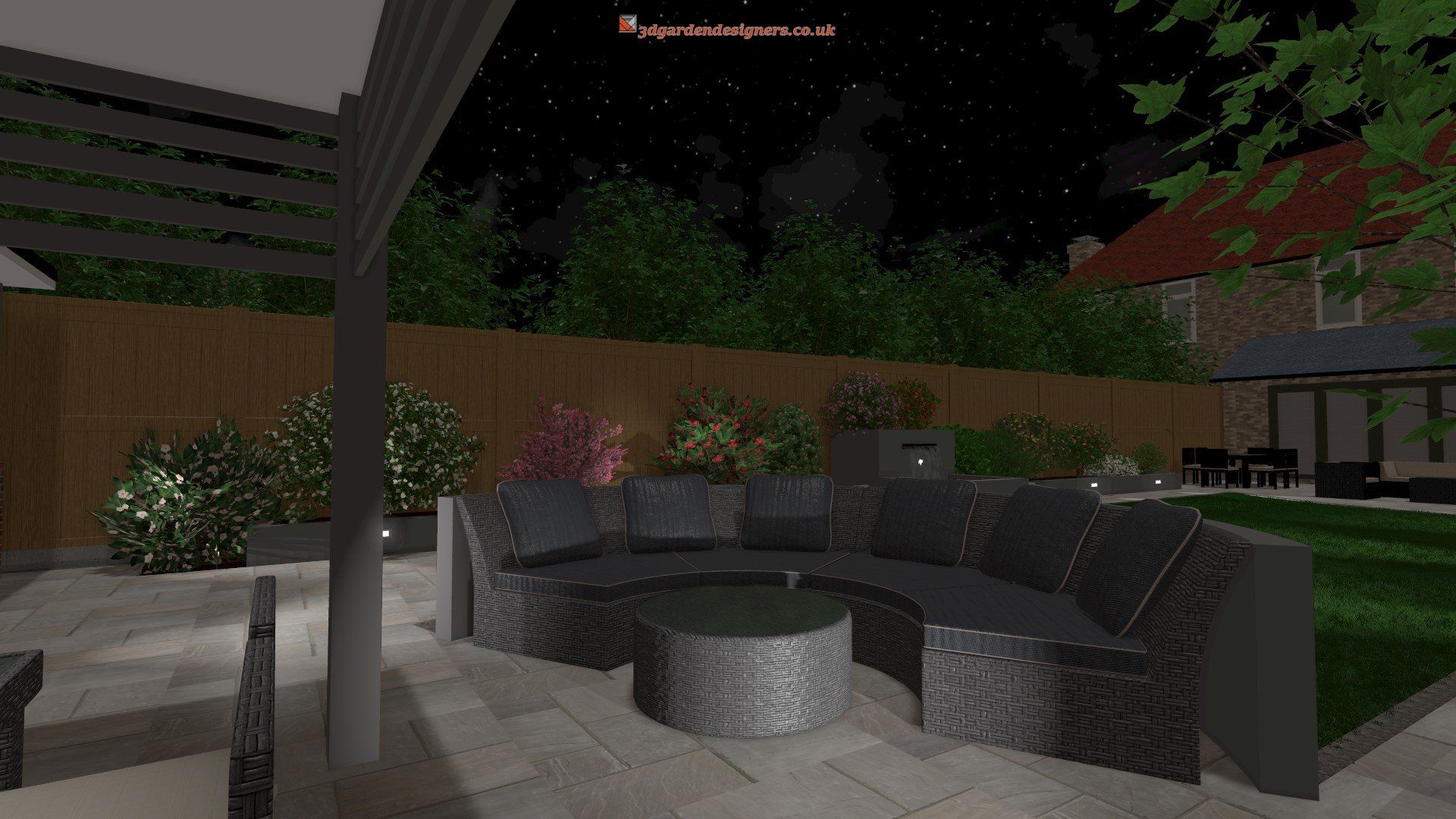 A computer generated image of a backyard at night with a couch and a table.