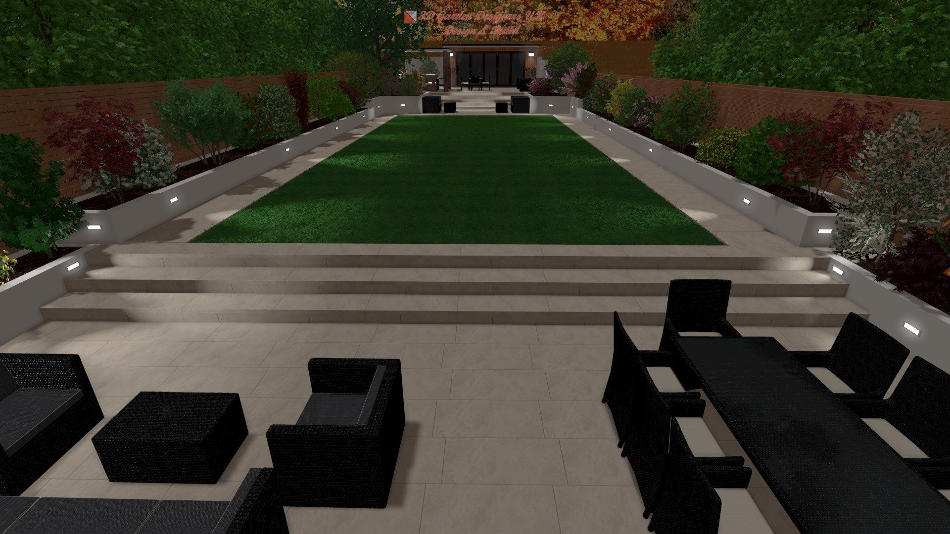 A computer generated image of a patio with a table and chairs.