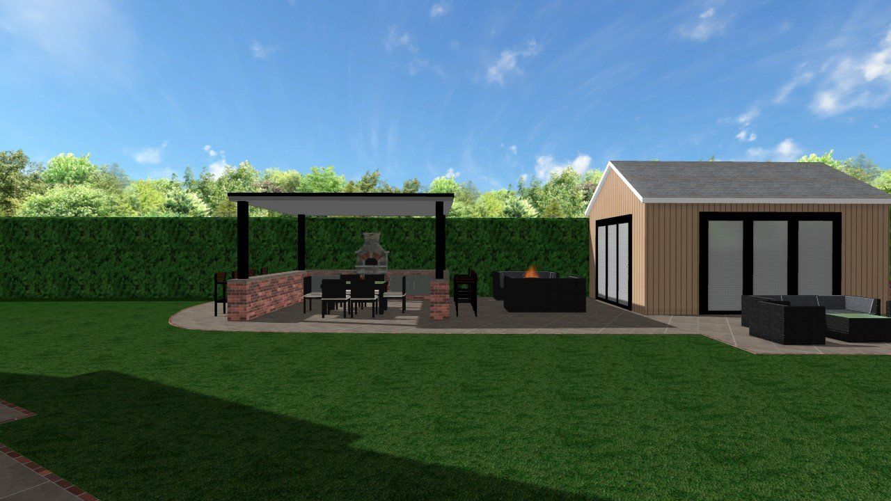 A 3d rendering of a backyard with a patio and a shed.