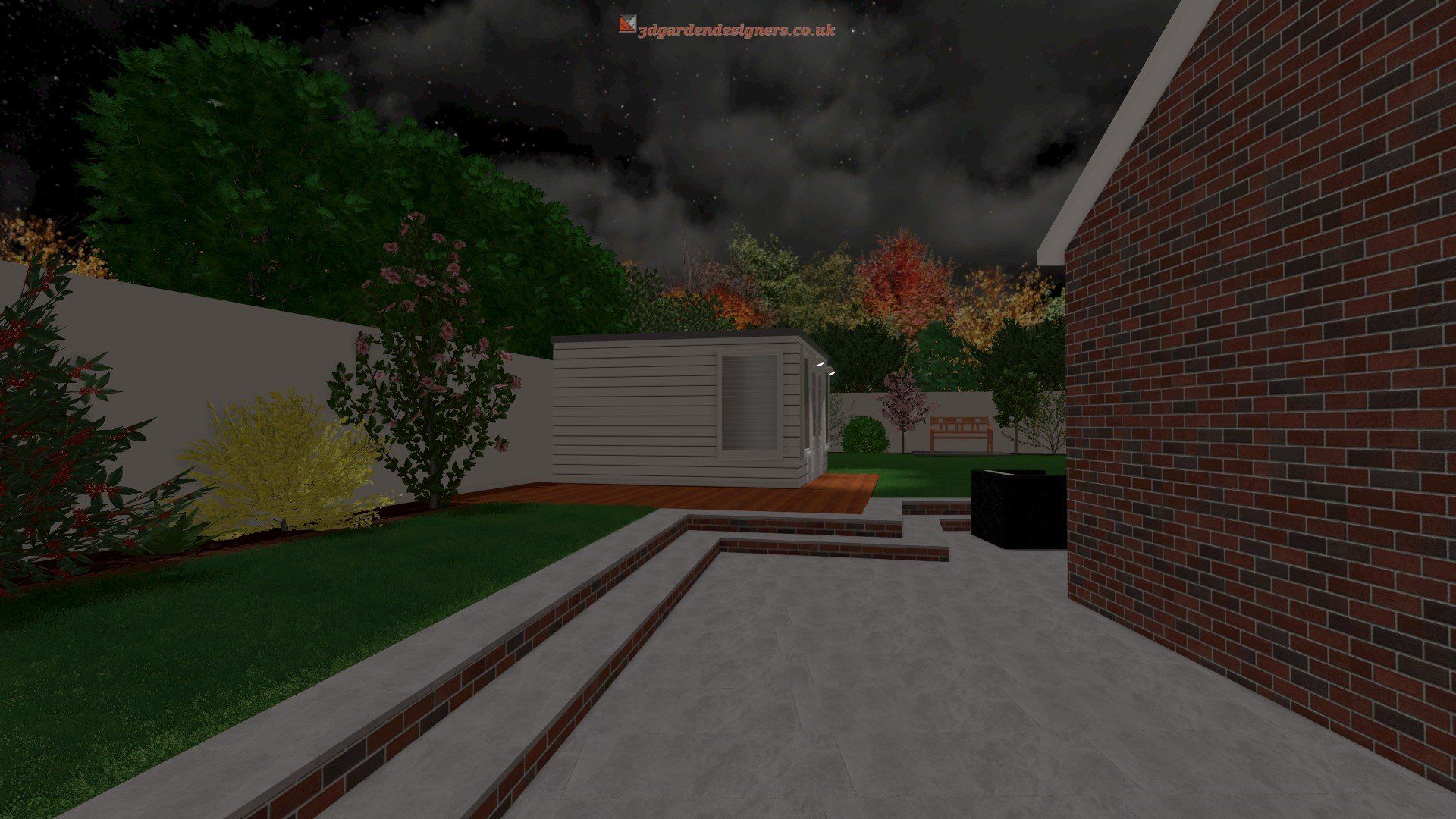 A computer generated image of a backyard at night.