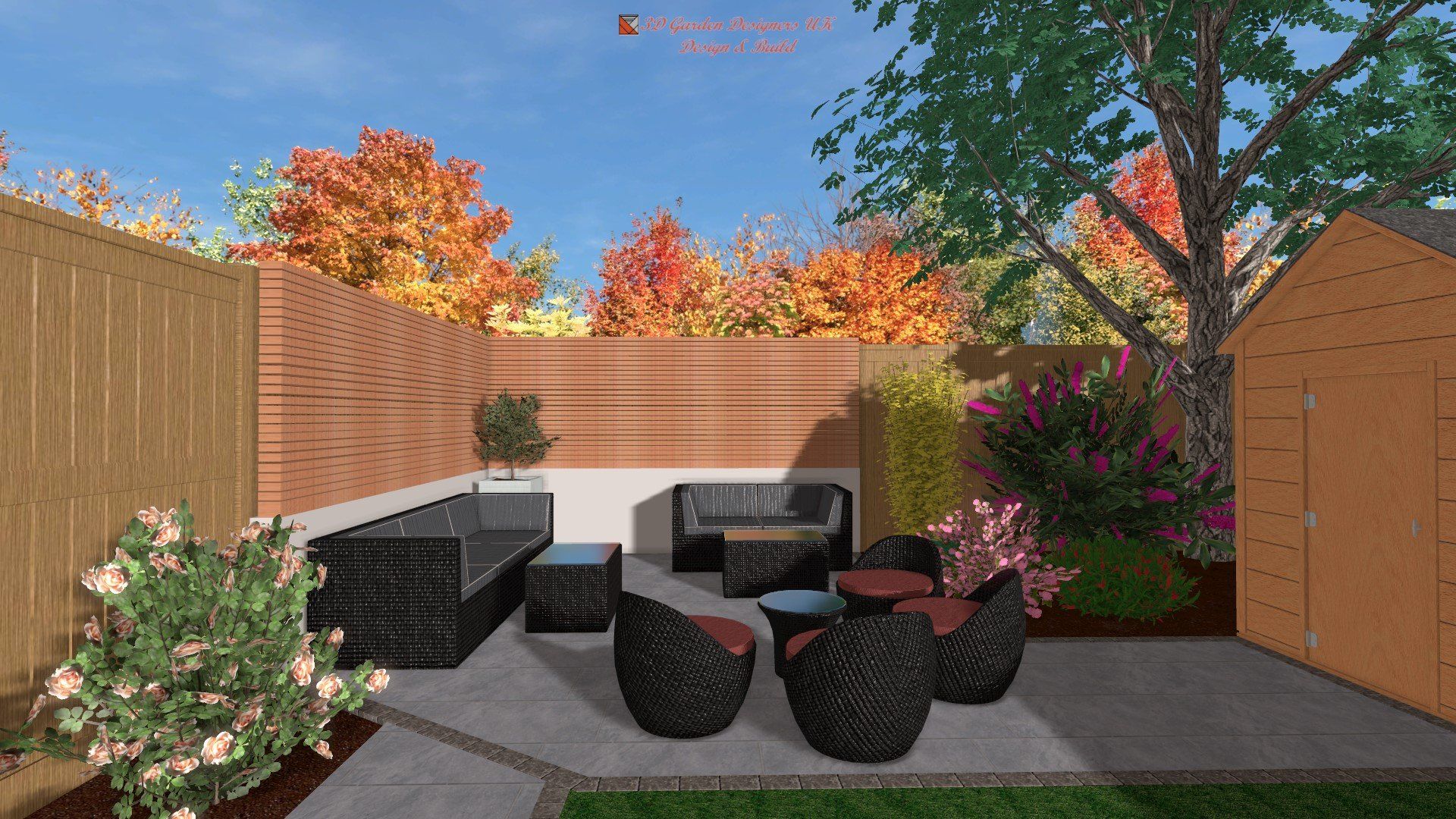 A computer generated image of a backyard with furniture and a shed.