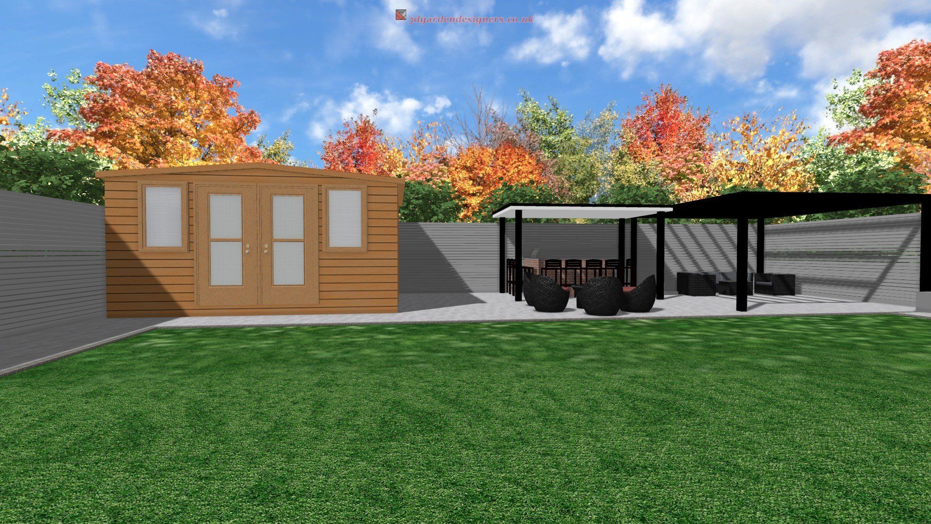 A computer generated image of a backyard with a shed and a pergola.