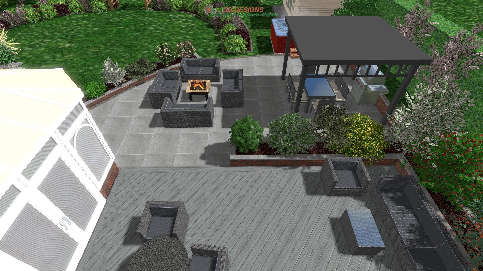 An aerial view of a patio with furniture and a fire pit.