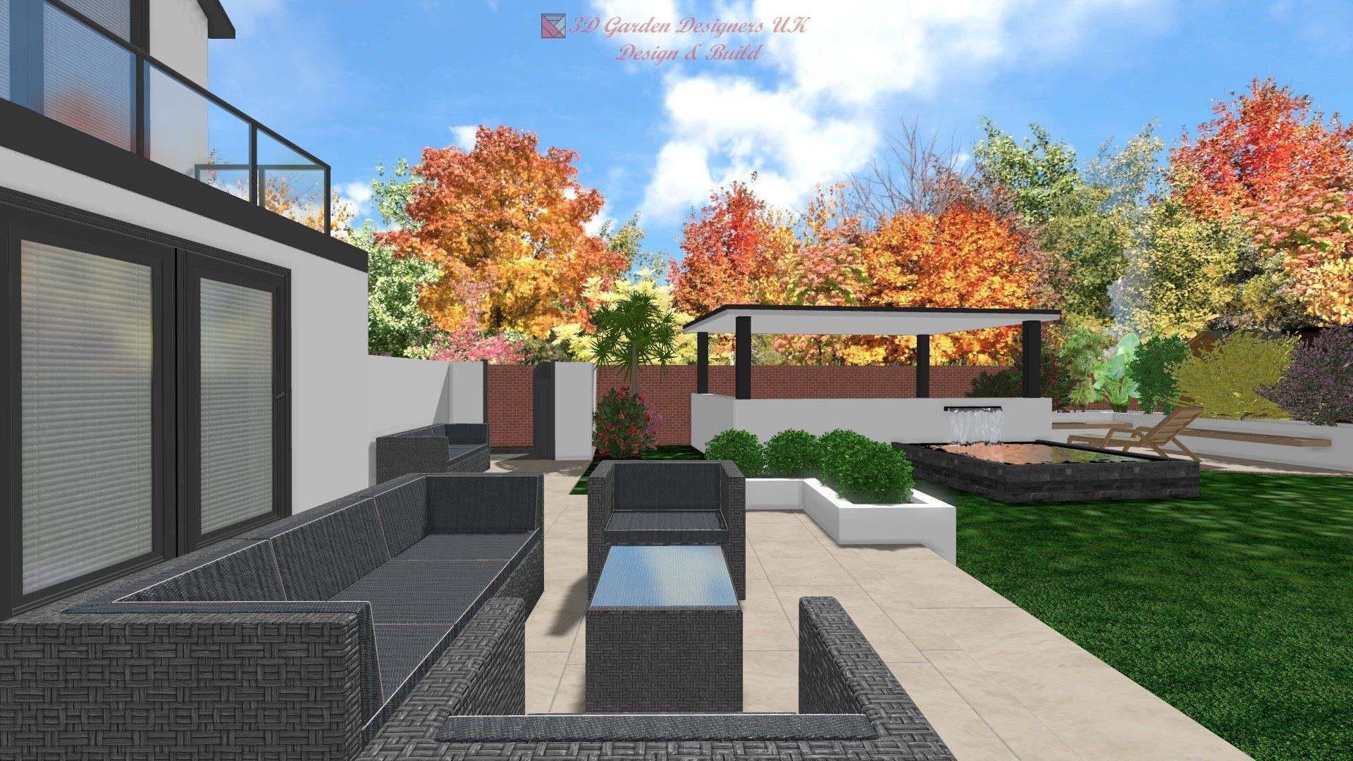 A computer generated image of a backyard with furniture and trees