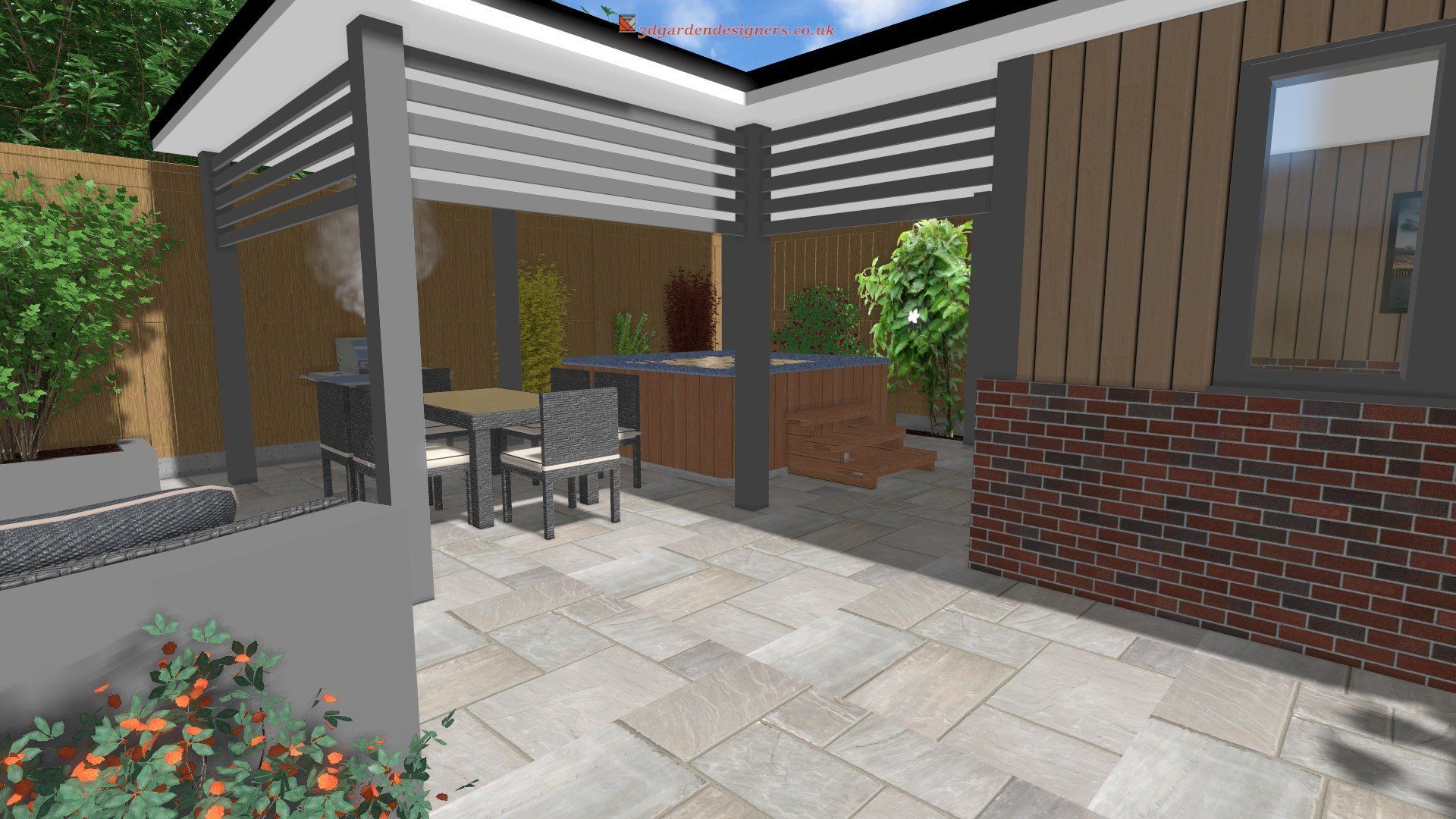 A computer generated image of a patio area with a table and chairs under a pergola.