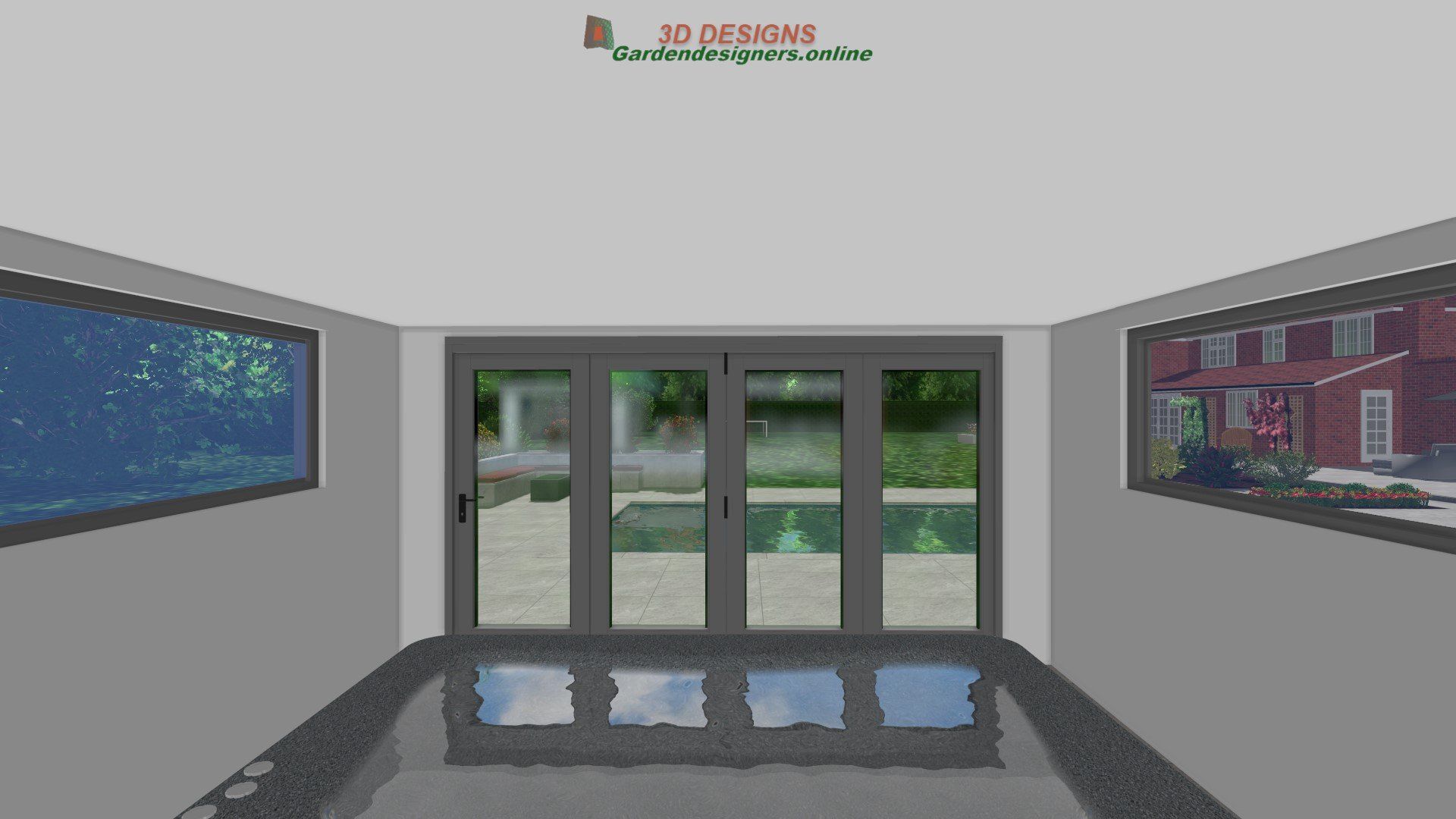 A room with a lot of windows and a swimming pool in the background.