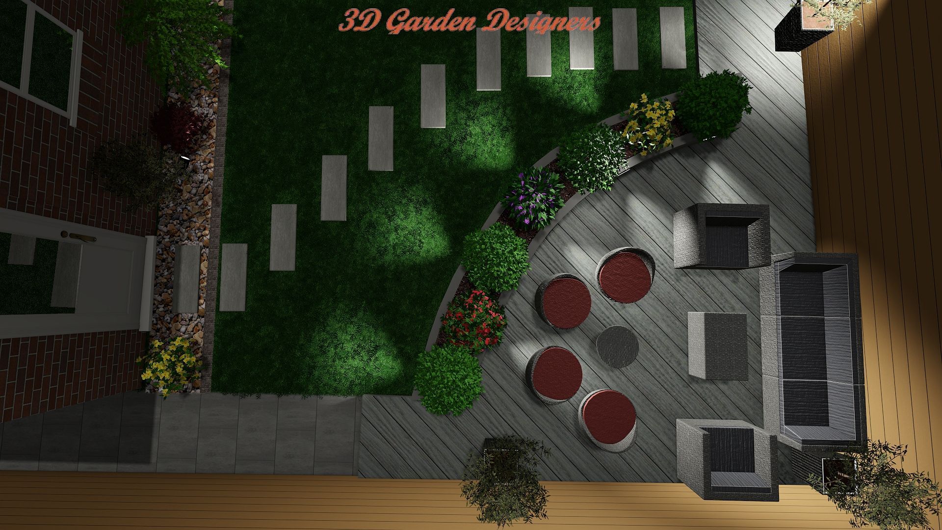 An aerial view of a garden with a house in the background