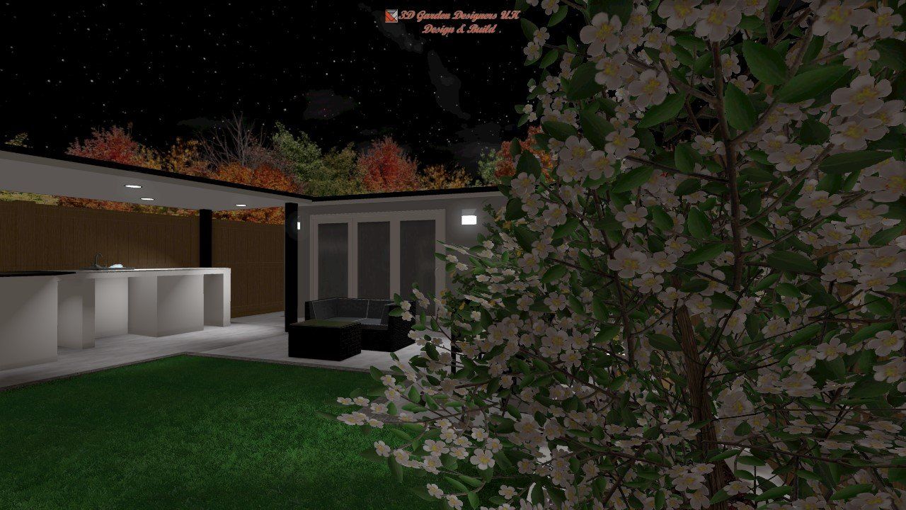 A computer generated image of a house at night with a tree in the foreground.
