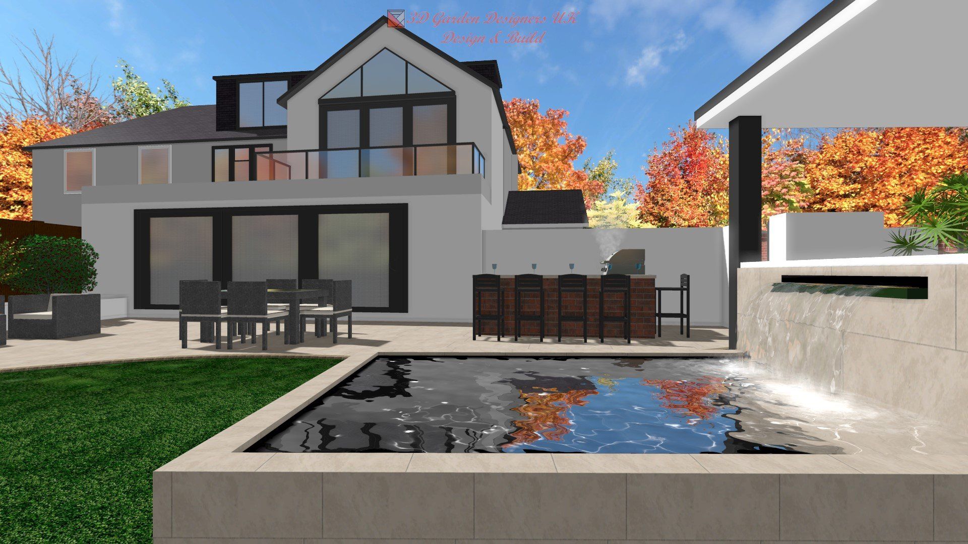 An artist 's impression of a house with a pool and a waterfall