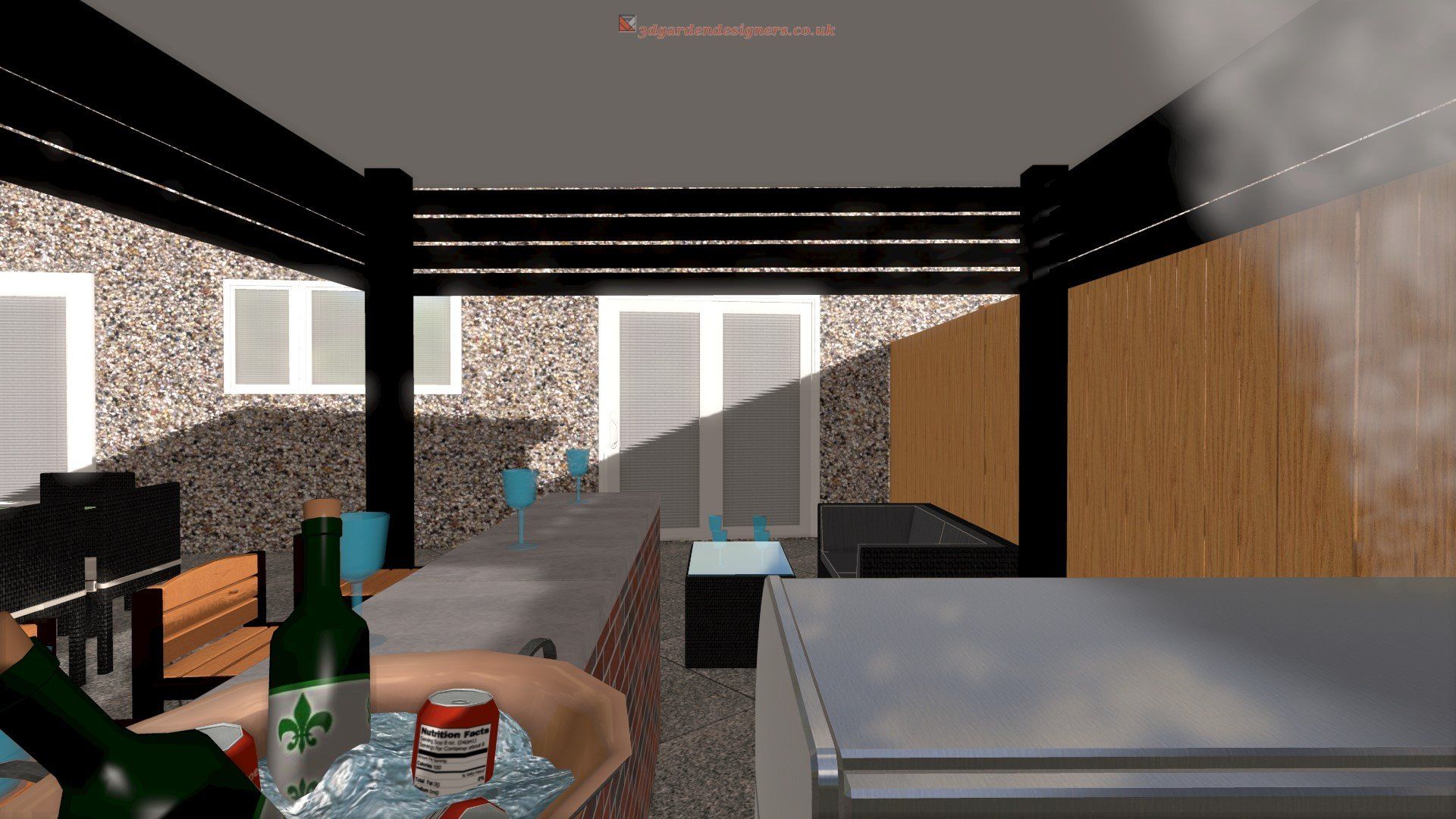 A computer generated image of a living room with a bottle of beer on a table.