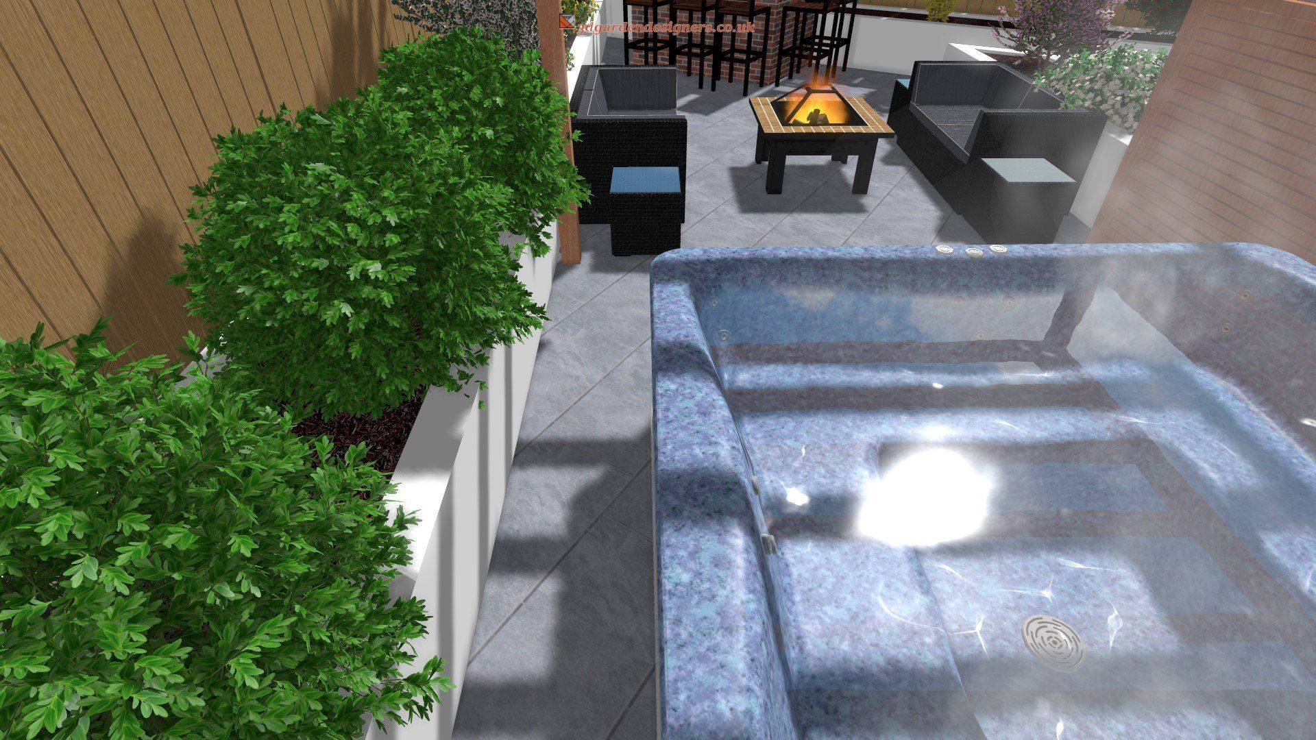 A 3d rendering of a patio with a fire pit , couch , table and chairs.