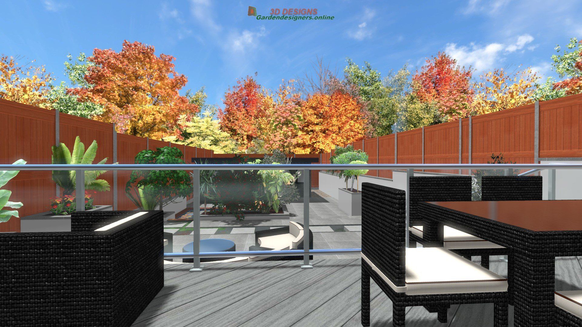 A computer generated image of a patio with a table and chairs