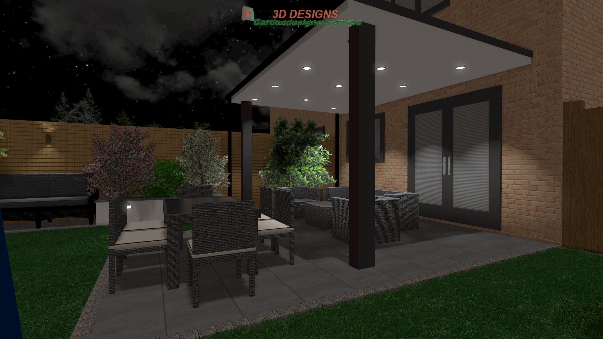 A 3d rendering of a backyard with a patio at night.