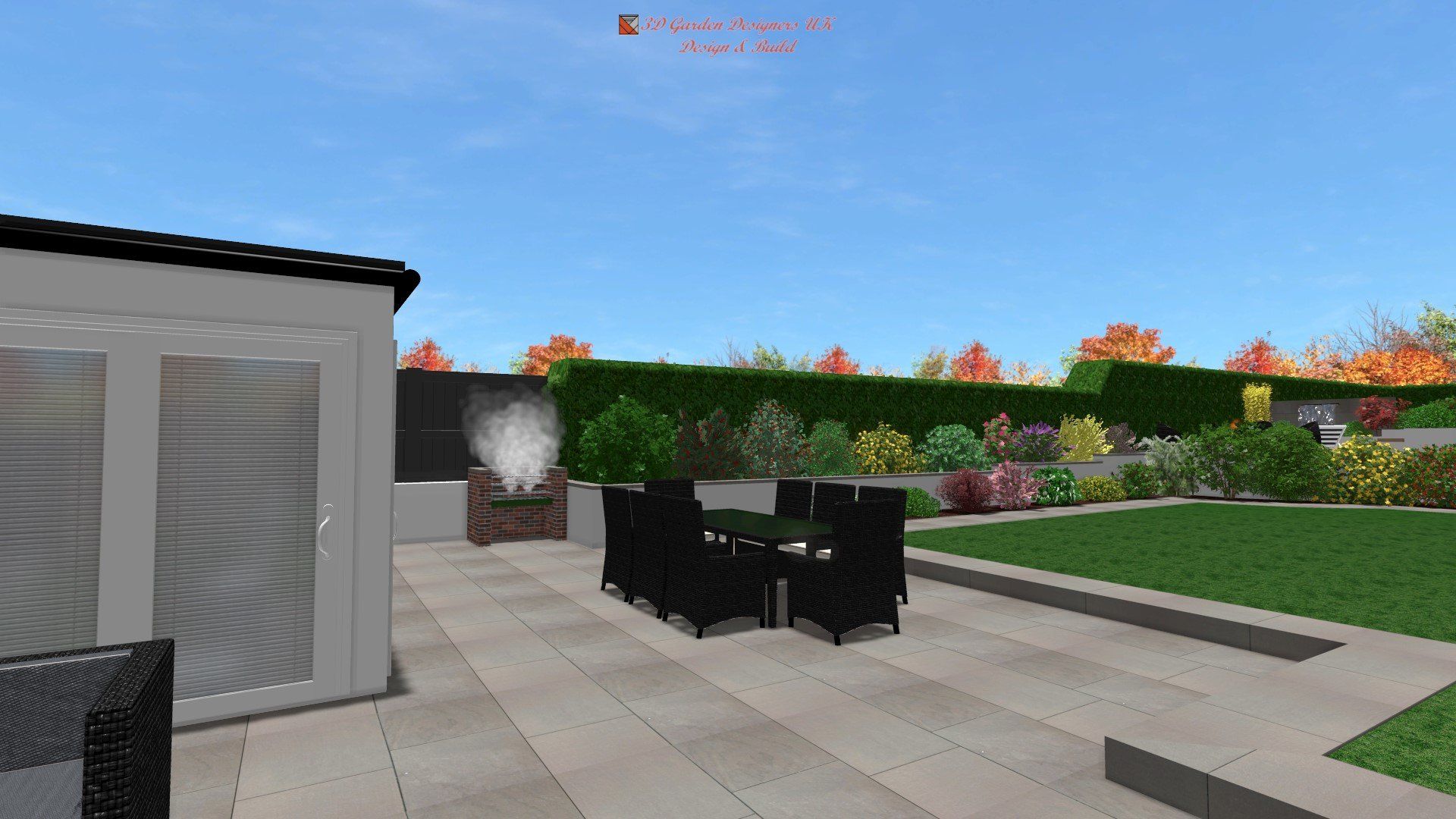 A computer generated image of a patio with a table and chairs.