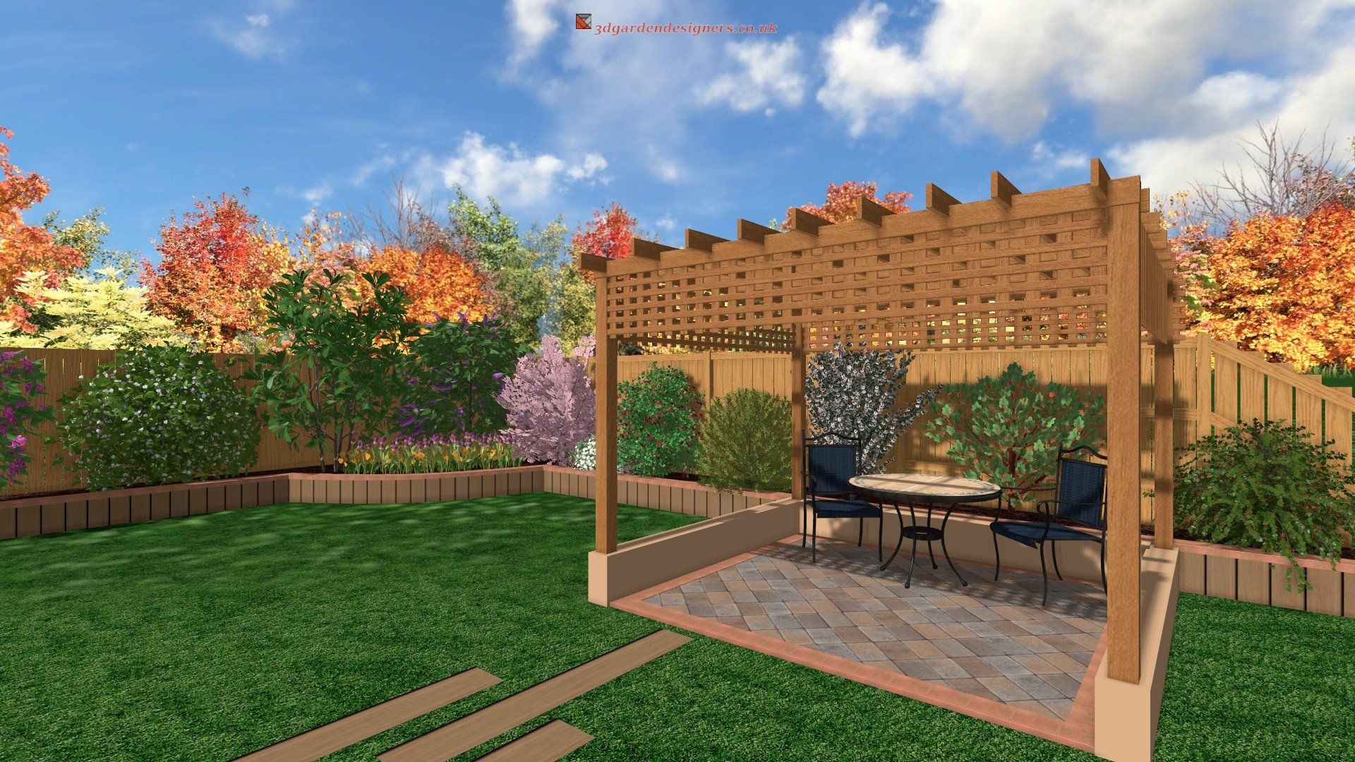 A 3d rendering of a backyard with a pergola and a table and chairs.