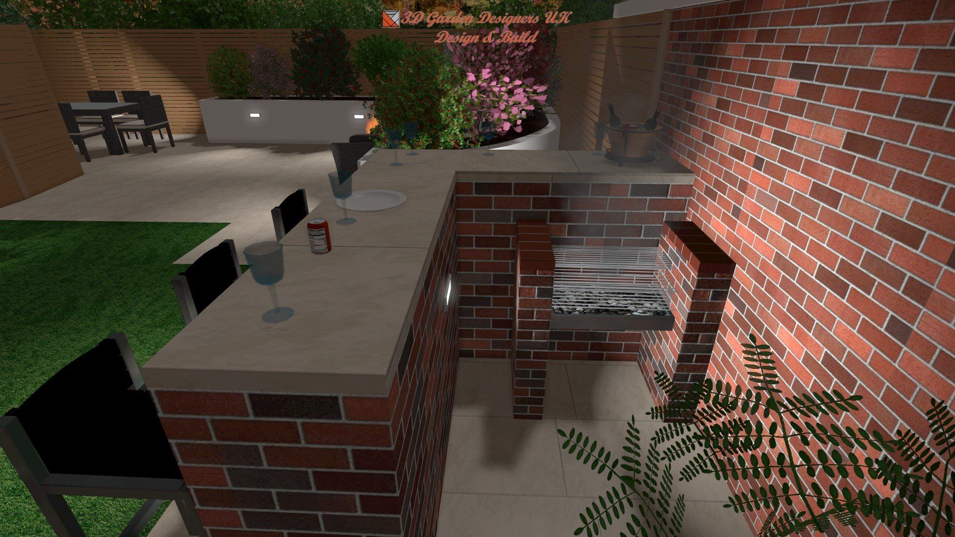 A computer generated image of a backyard with a brick wall and a bar.
