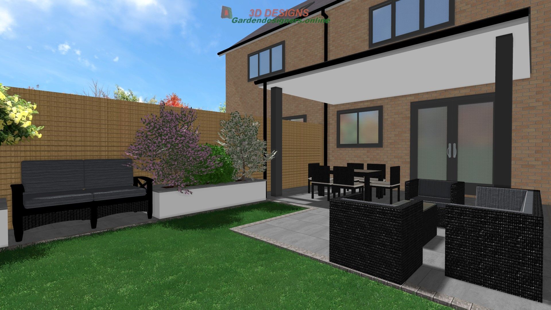 A computer generated image of a backyard with a patio and furniture.
