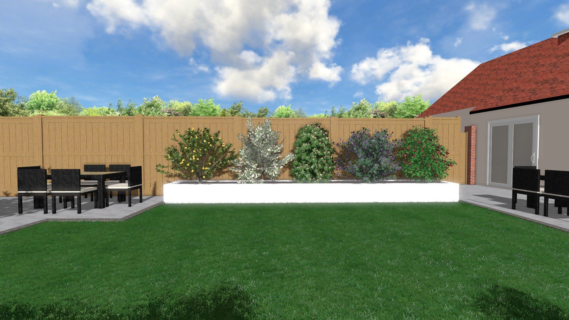 A computer generated image of a backyard with a fence and a patio.