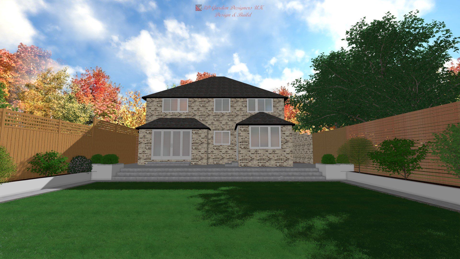 A computer generated image of a house with trees in the background