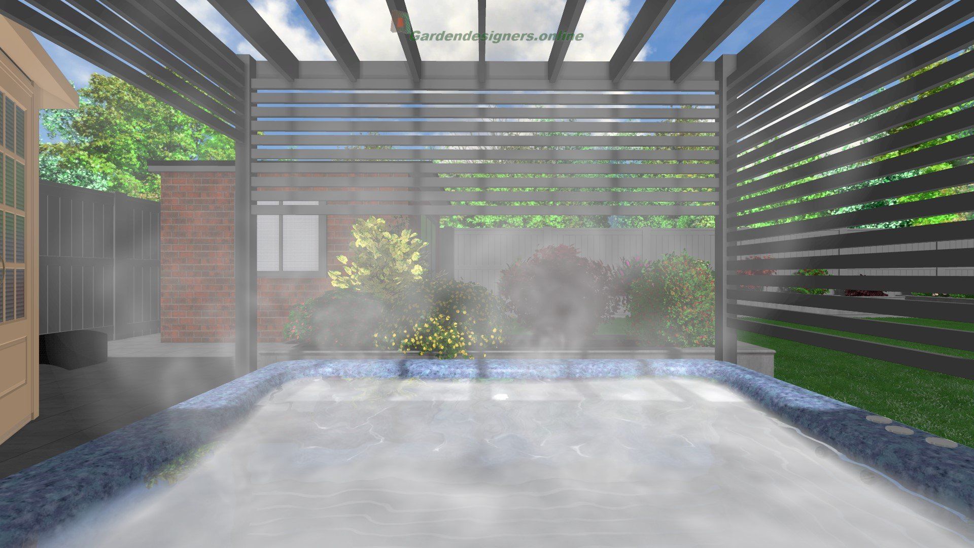 An artist 's impression of a hot tub in a backyard.
