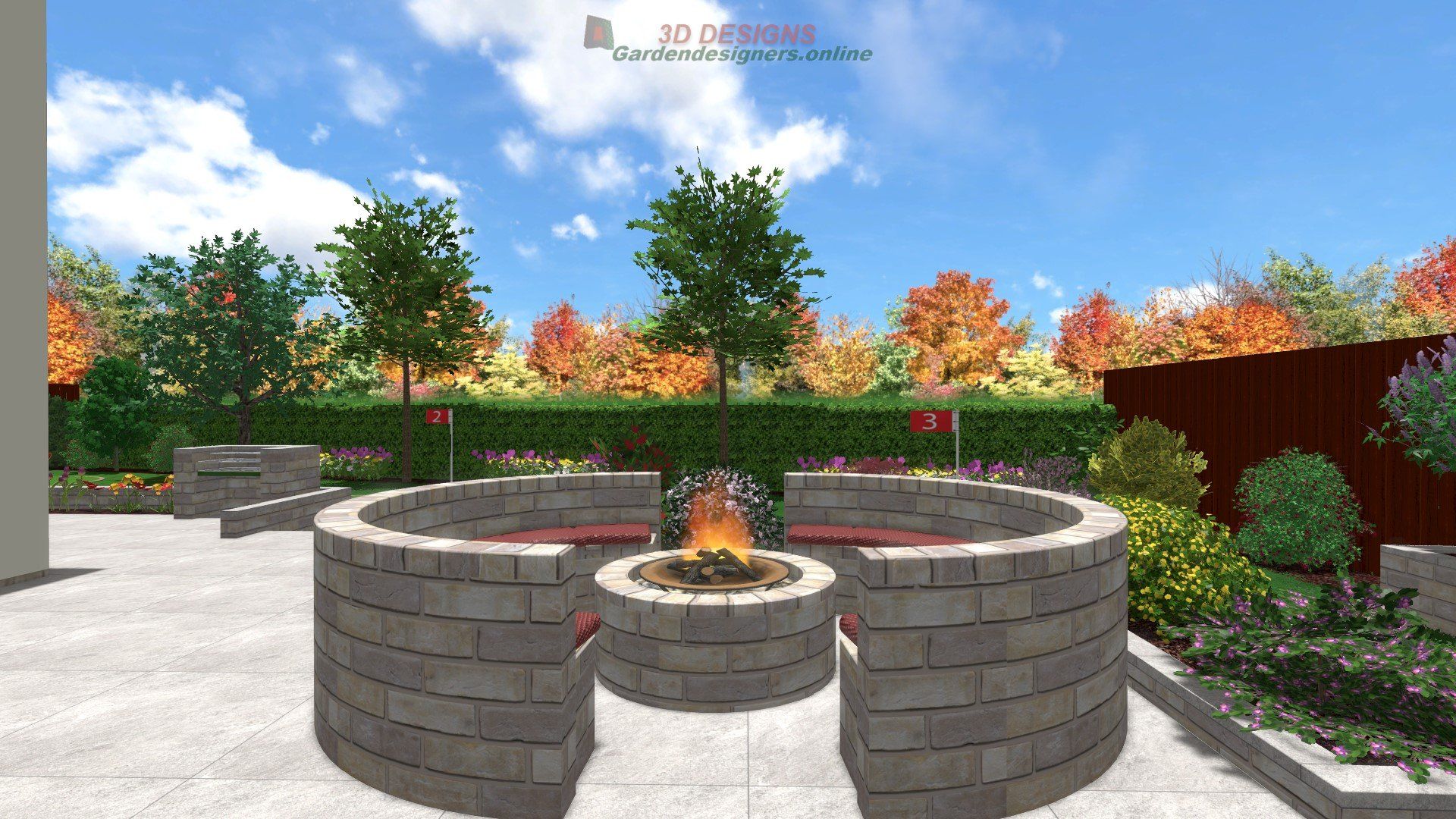 There is a fire pit in the middle of the patio.