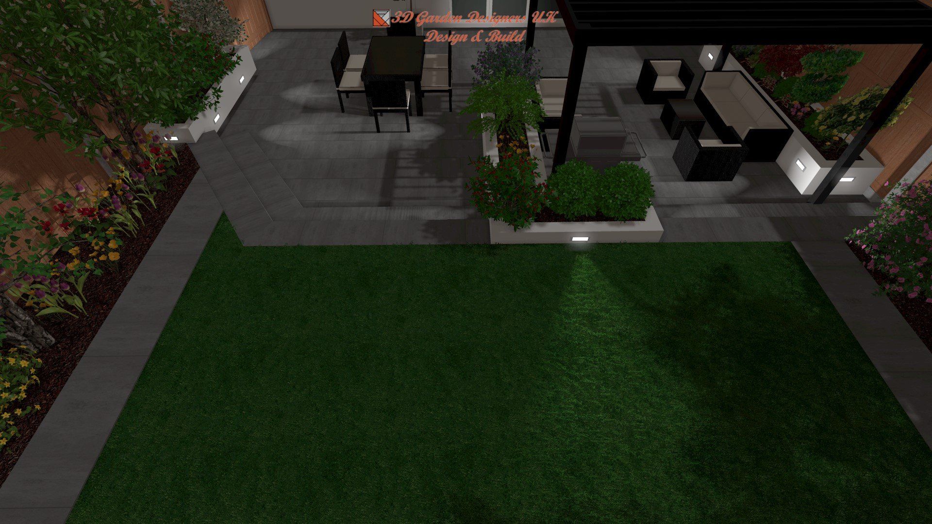 An aerial view of a patio with a table and chairs and a pergola.