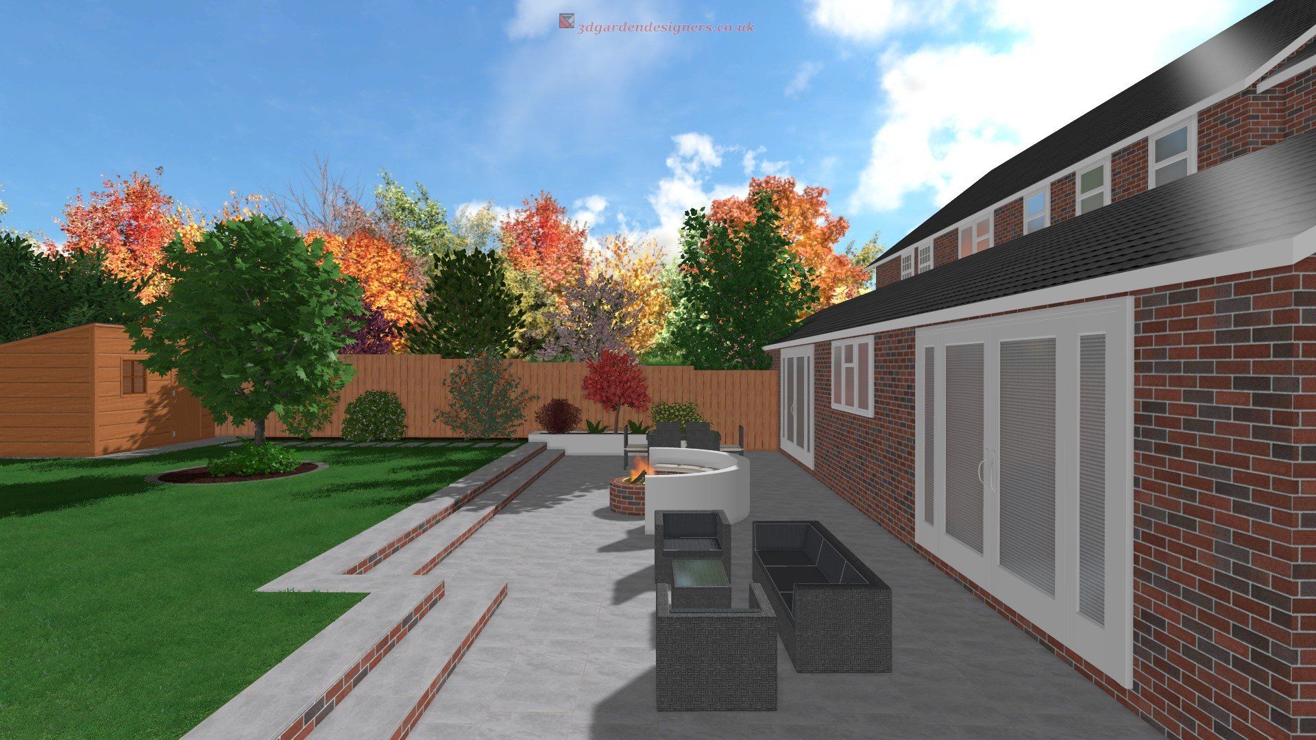 A computer generated image of a brick house with a patio in front of it