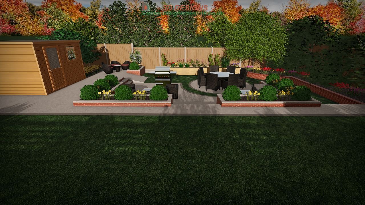 A computer generated image of a backyard with a table and chairs.