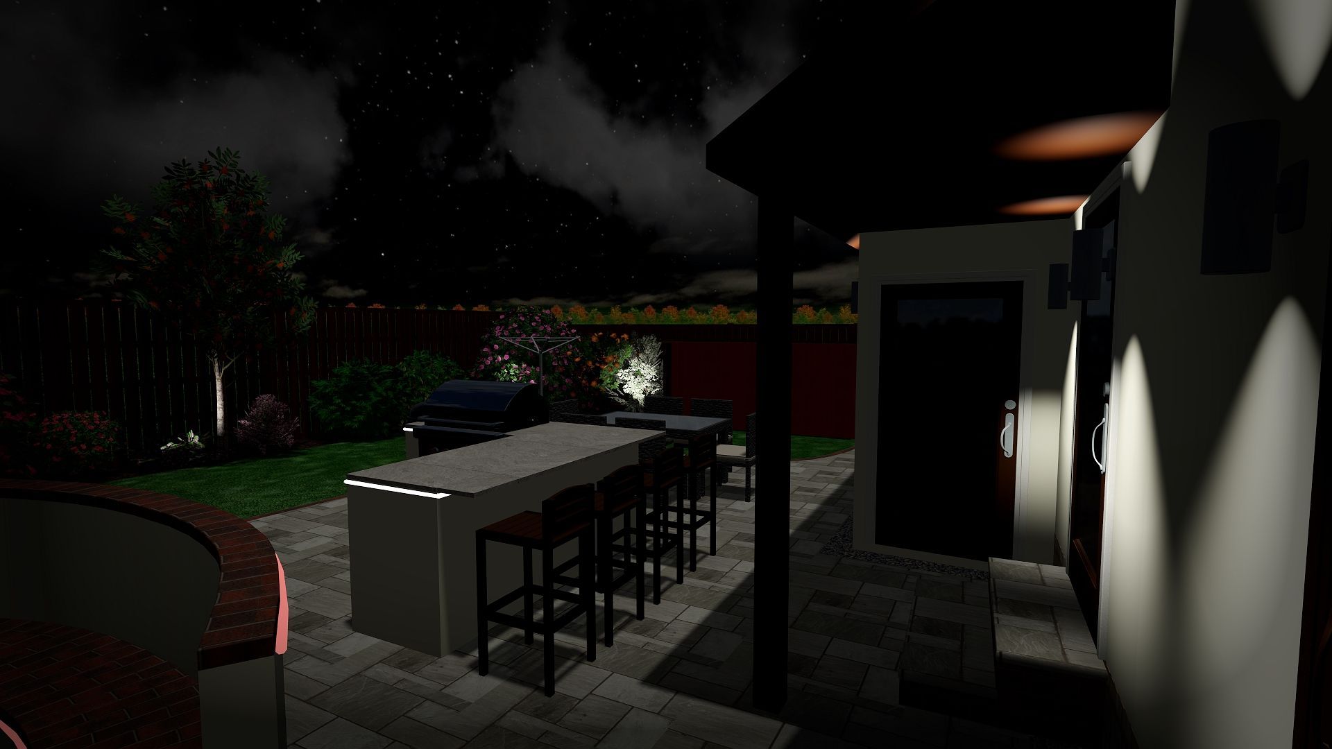 A 3d rendering of a backyard at night with a table and chairs.