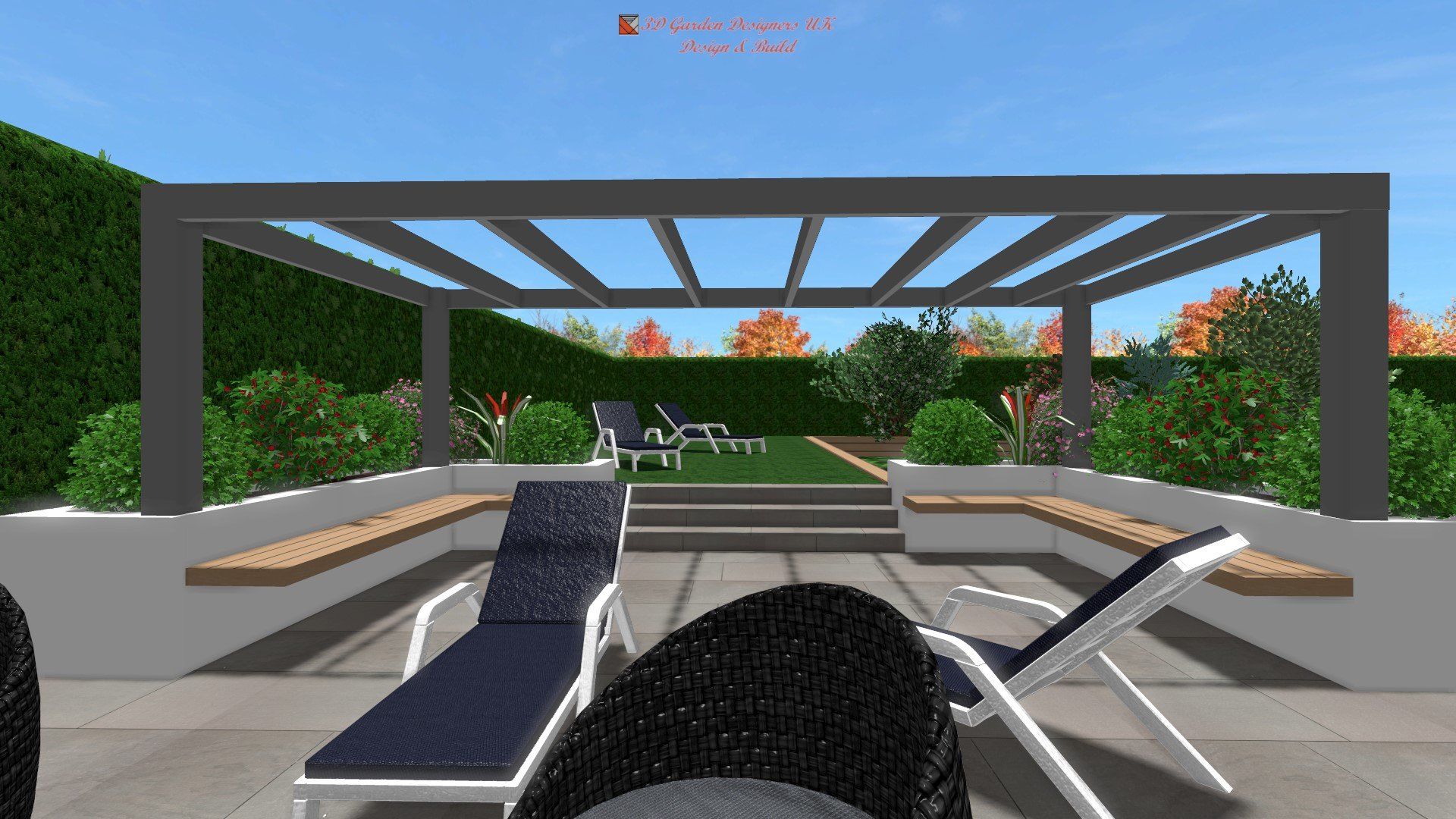 A computer generated image of a patio with chairs and a pergola