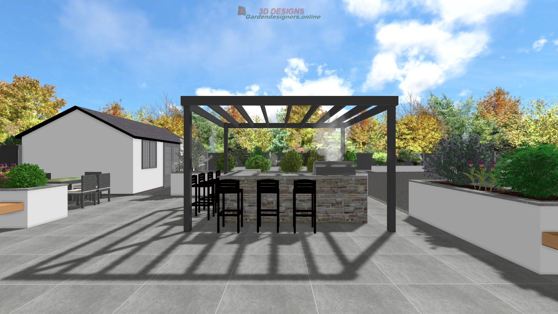 A computer generated image of a patio with a pergola and chairs.