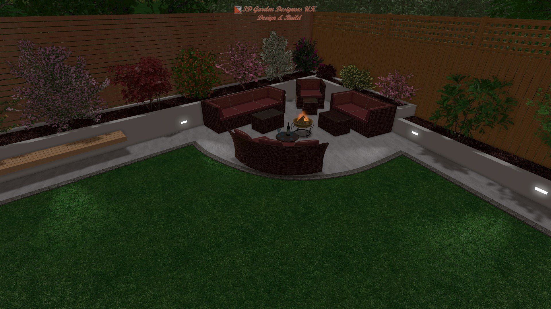 A computer generated image of a backyard with a fire pit and patio furniture.