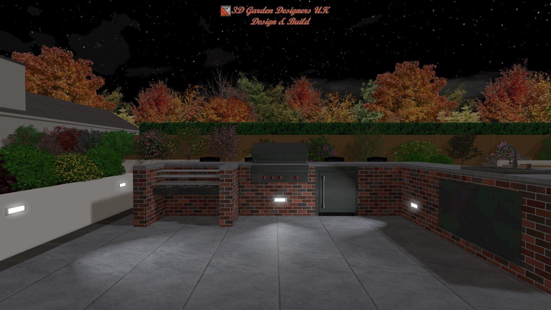 A computer generated image of a patio at night