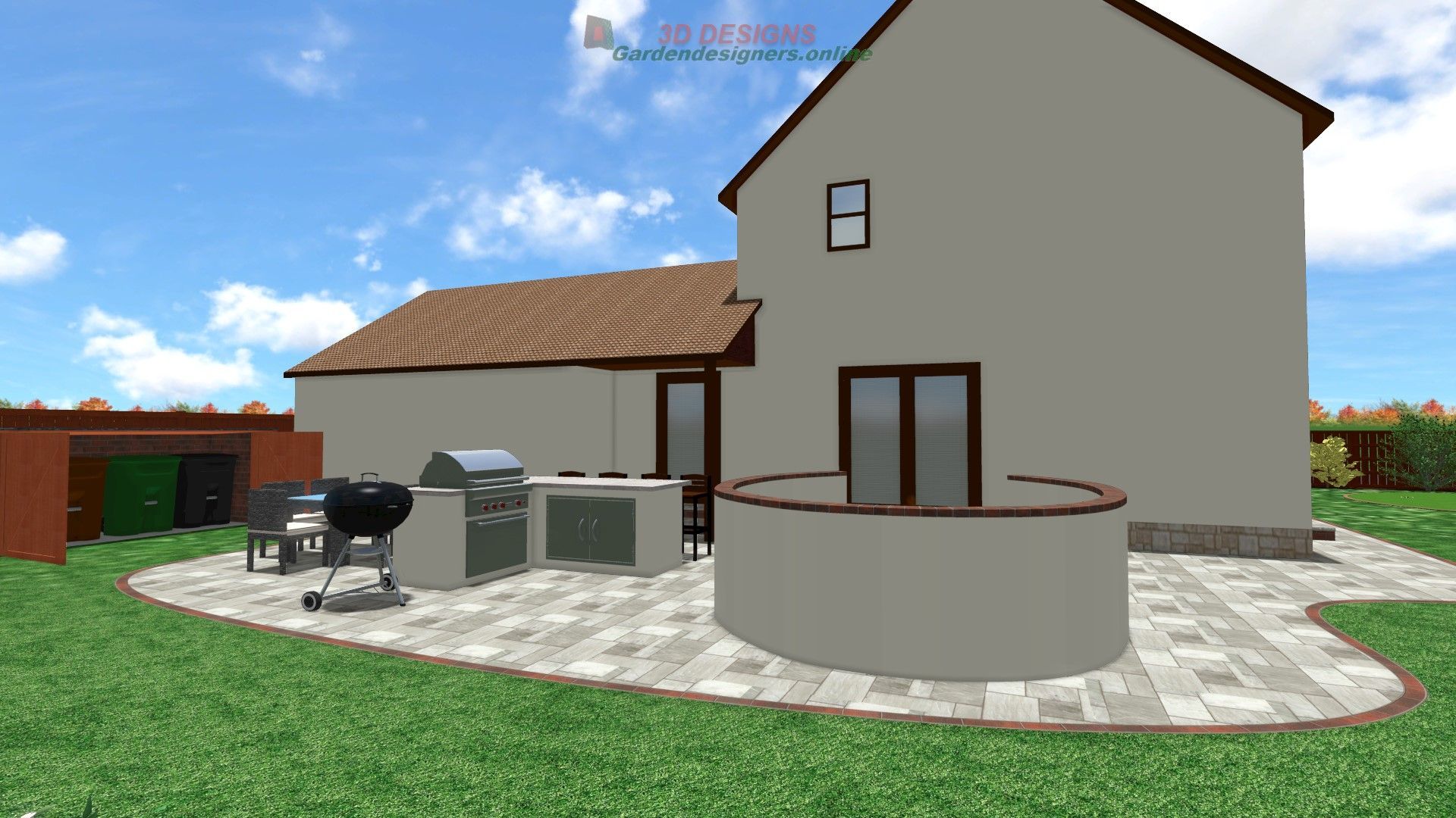 A computer generated image of a house with a patio and a grill.