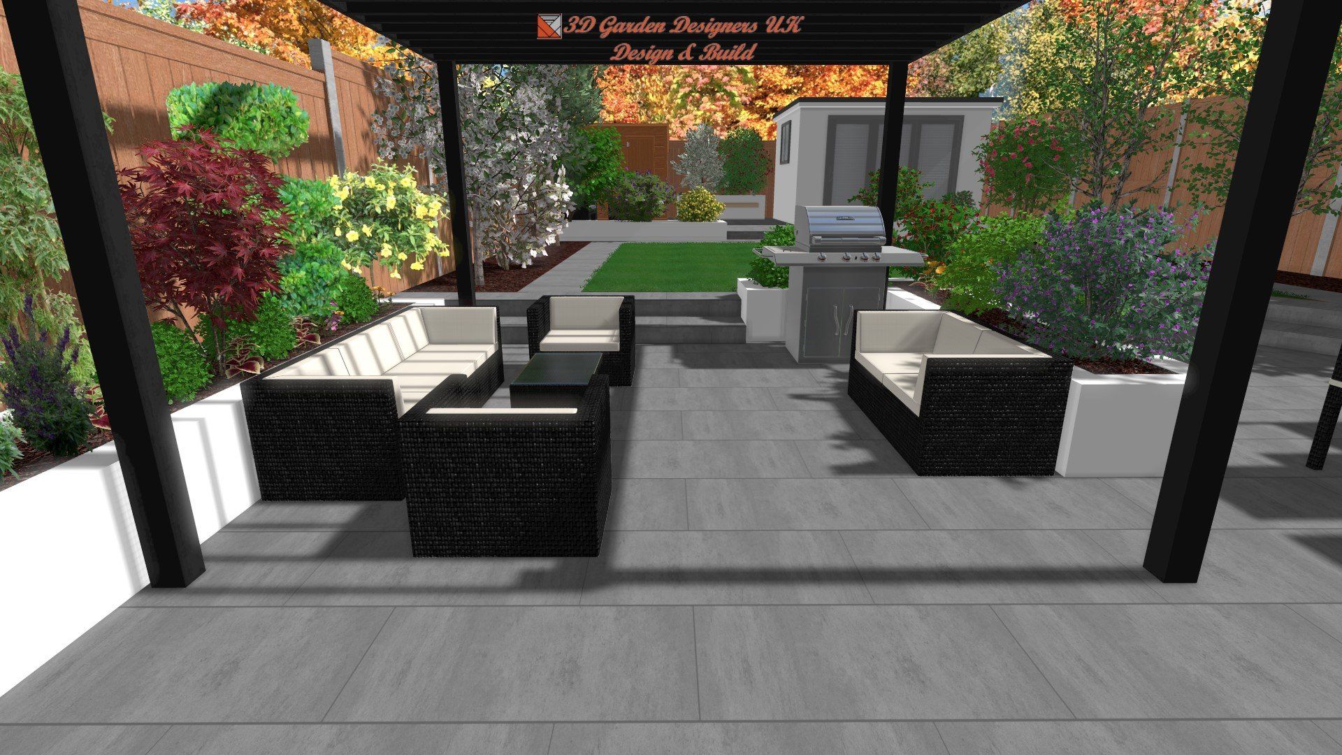 A computer generated image of a patio with furniture and a pergola.