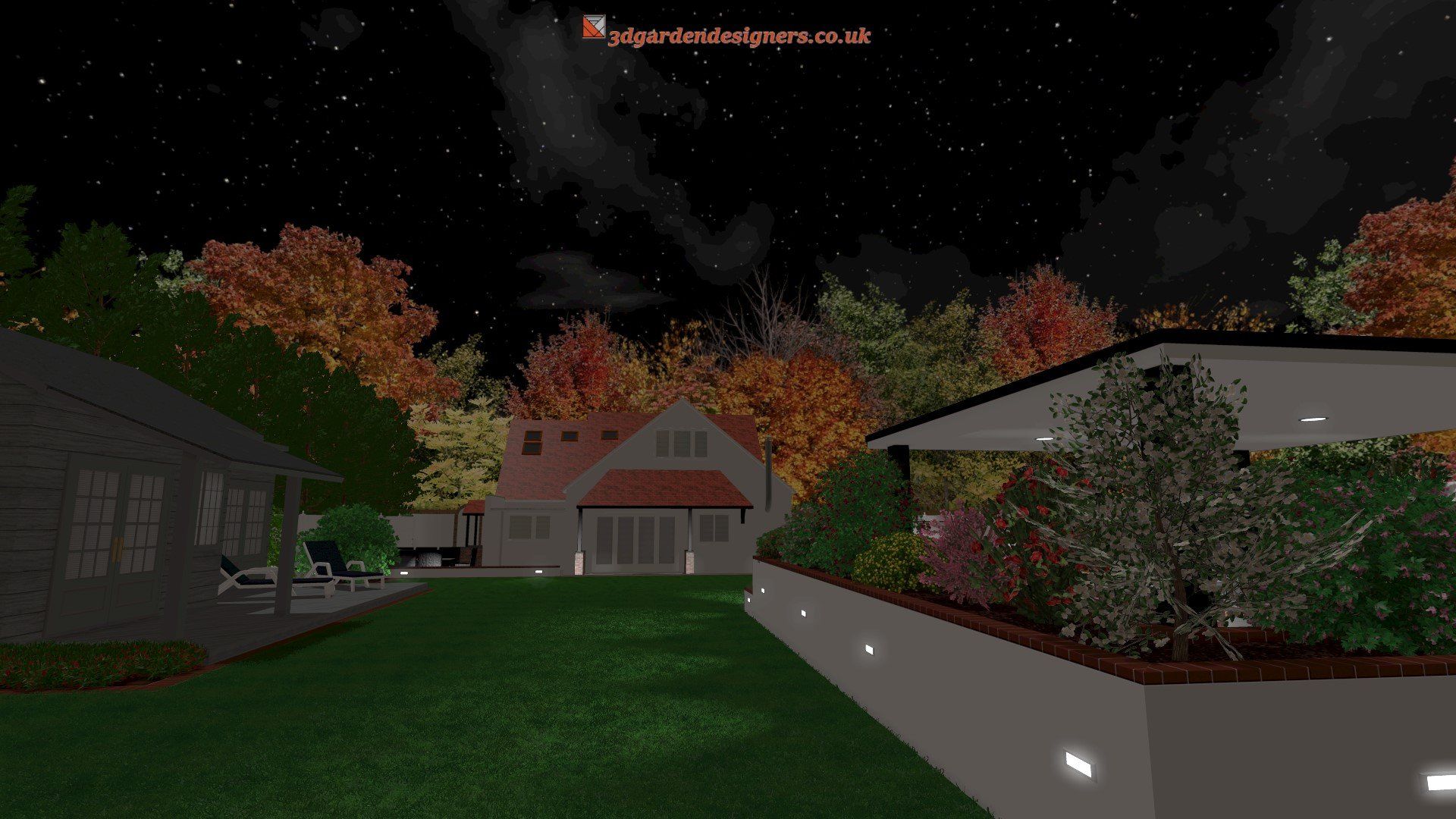 A computer generated image of a house at night
