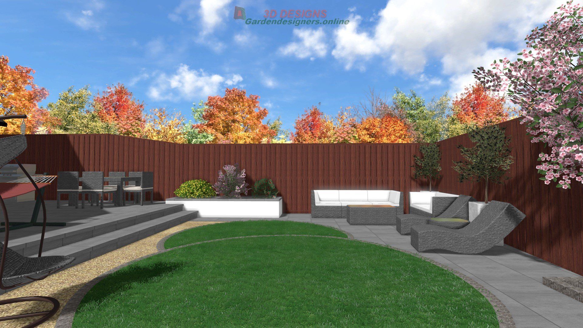 A computer generated image of a backyard with a wooden fence