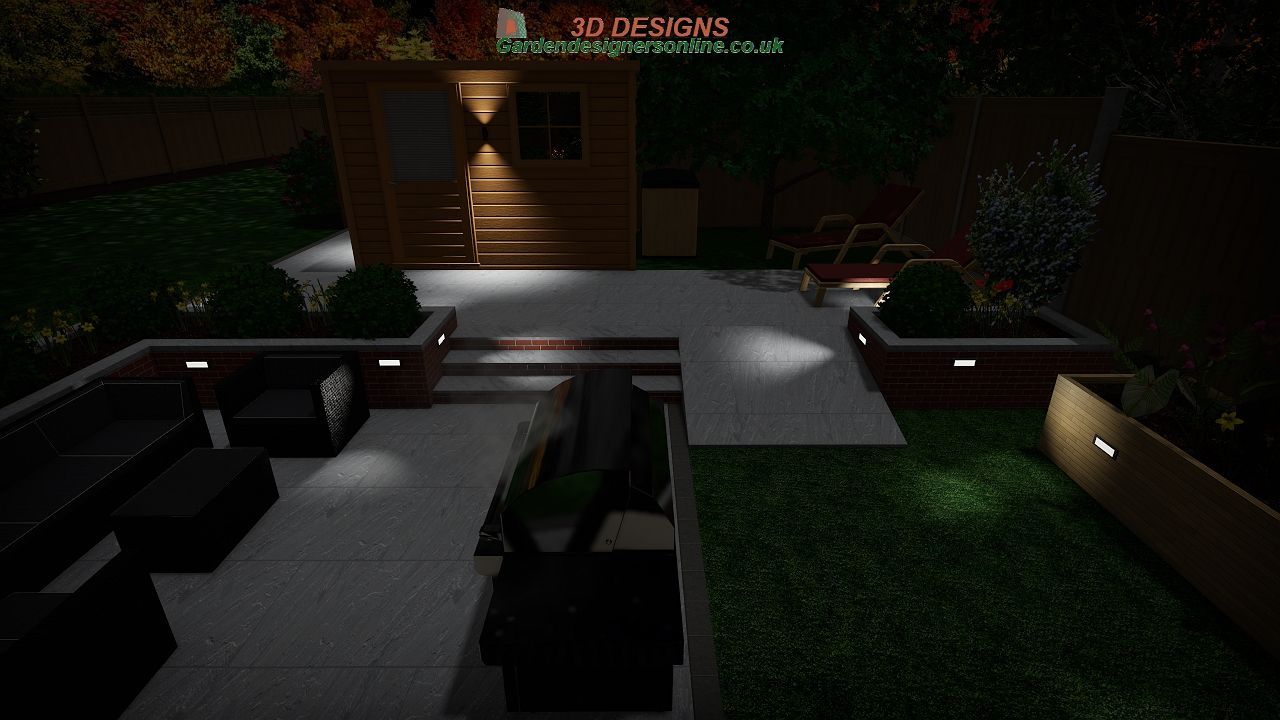 A computer generated image of a garden at night.