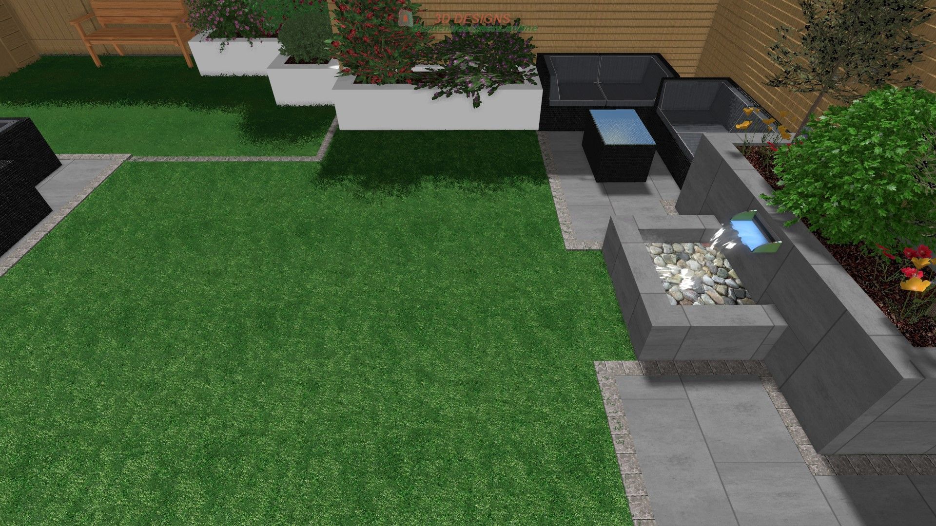 A computer generated image of a garden with a fire pit and a couch.
