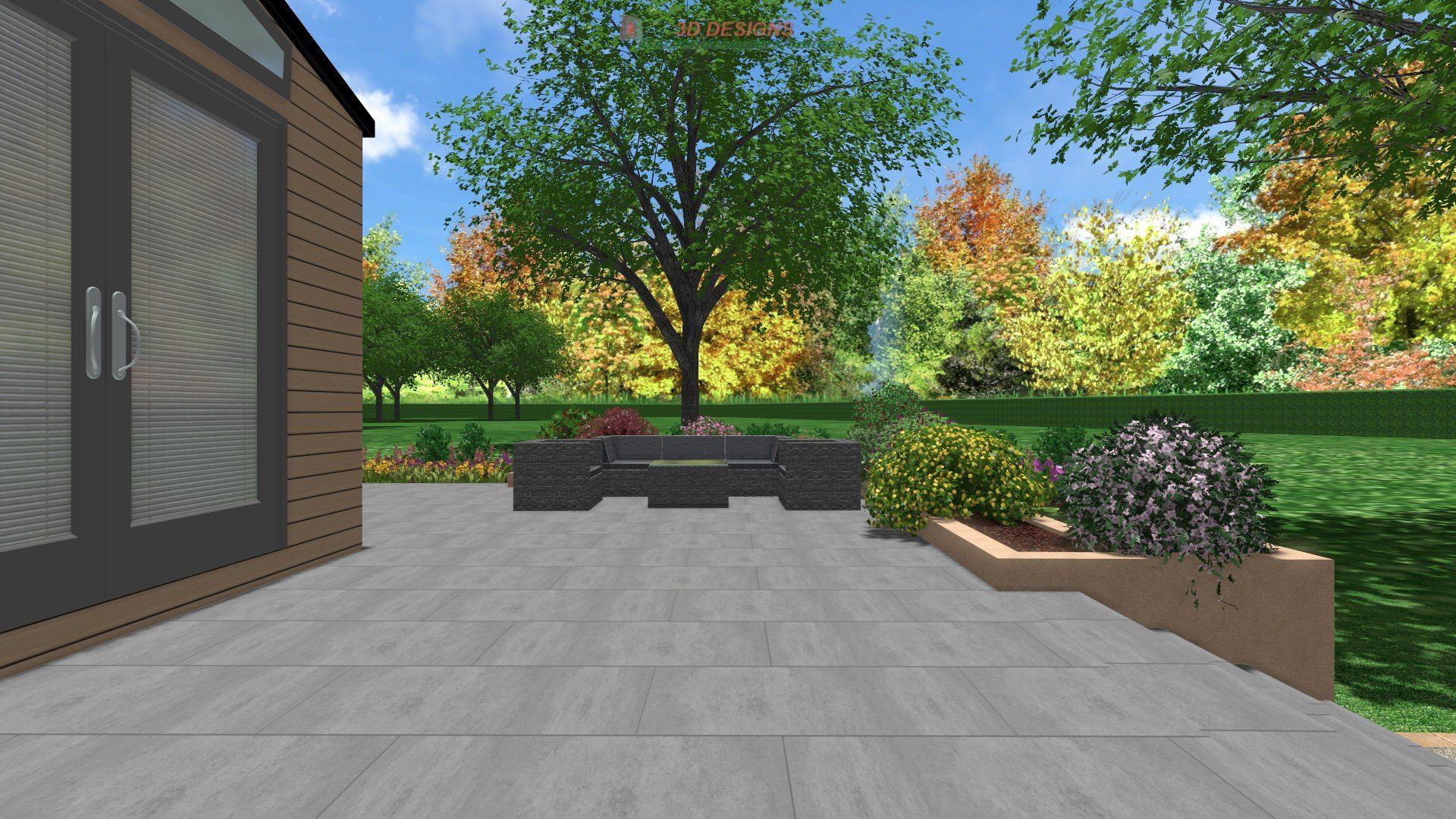 A computer generated image of a patio with trees in the background