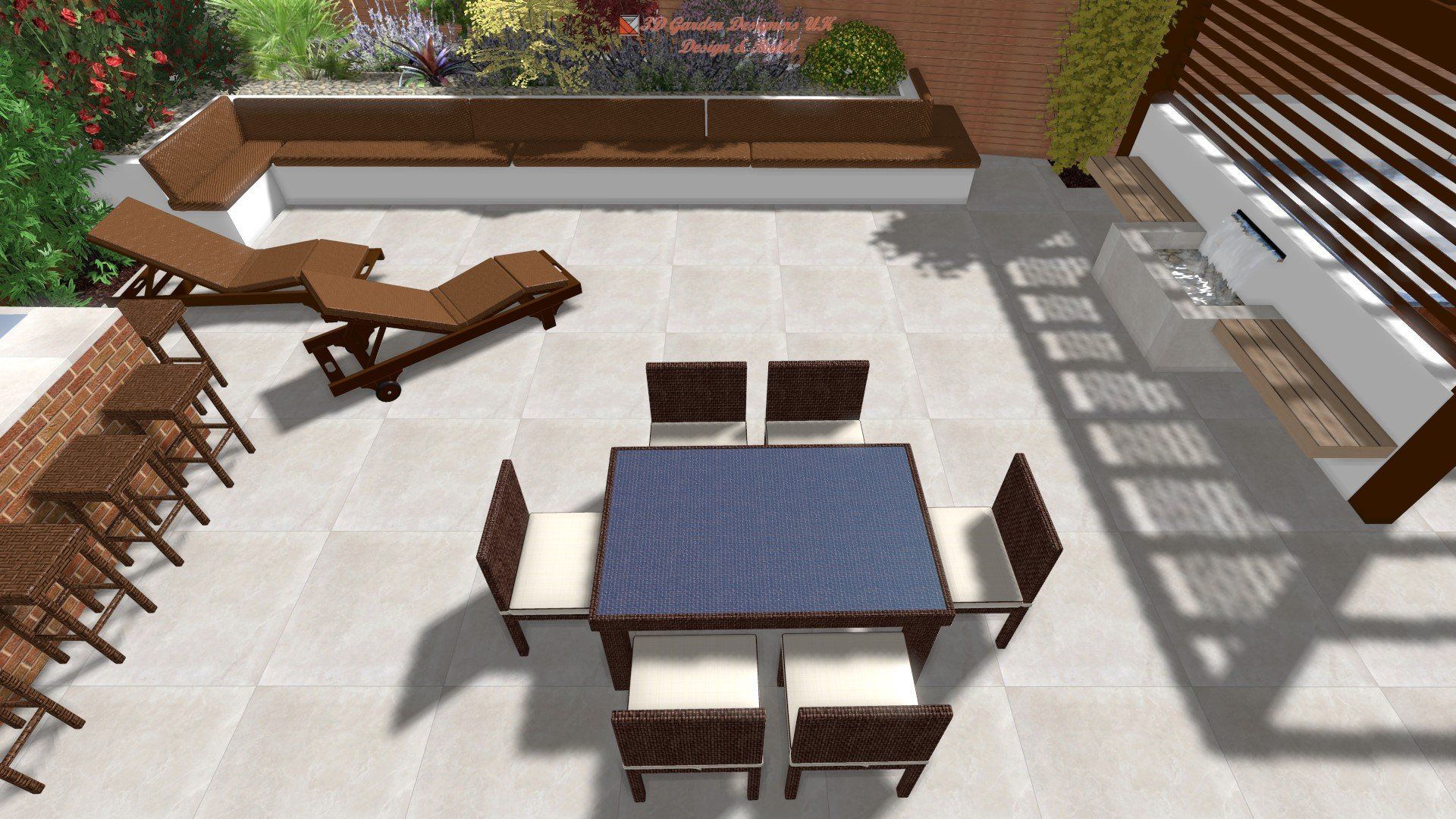An aerial view of a patio with a table and chairs