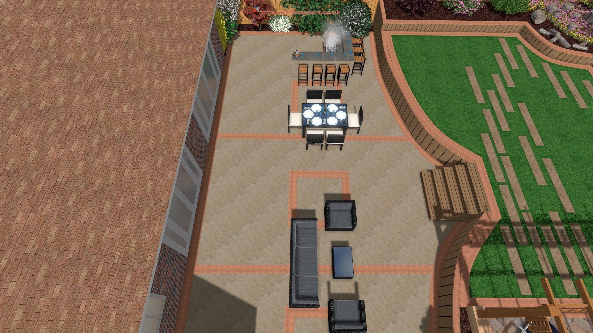 An aerial view of a patio with a table and chairs