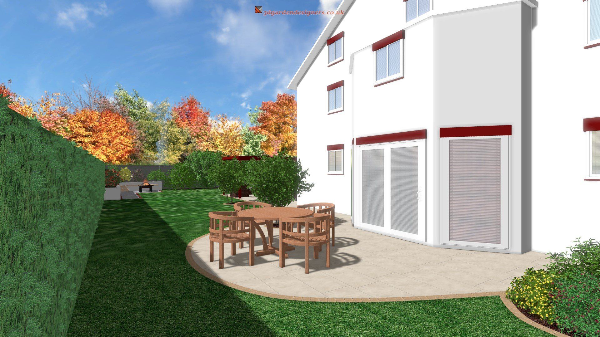 An artist 's impression of a backyard with a table and chairs