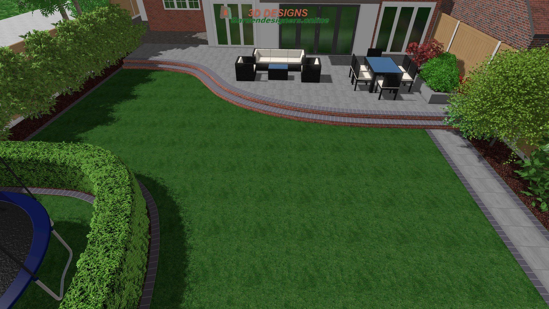 An aerial view of a backyard with a trampoline and patio furniture