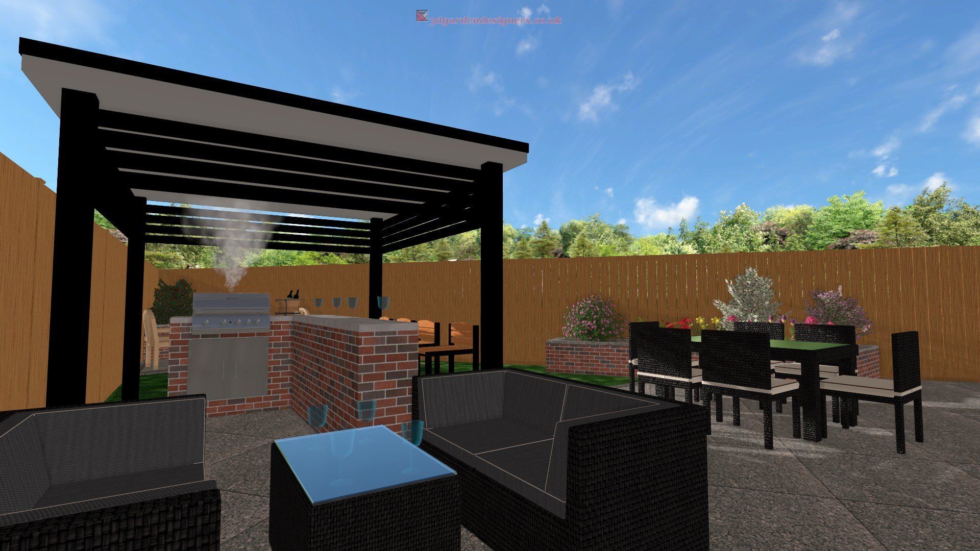 A computer generated image of a backyard with a pergola and patio furniture.