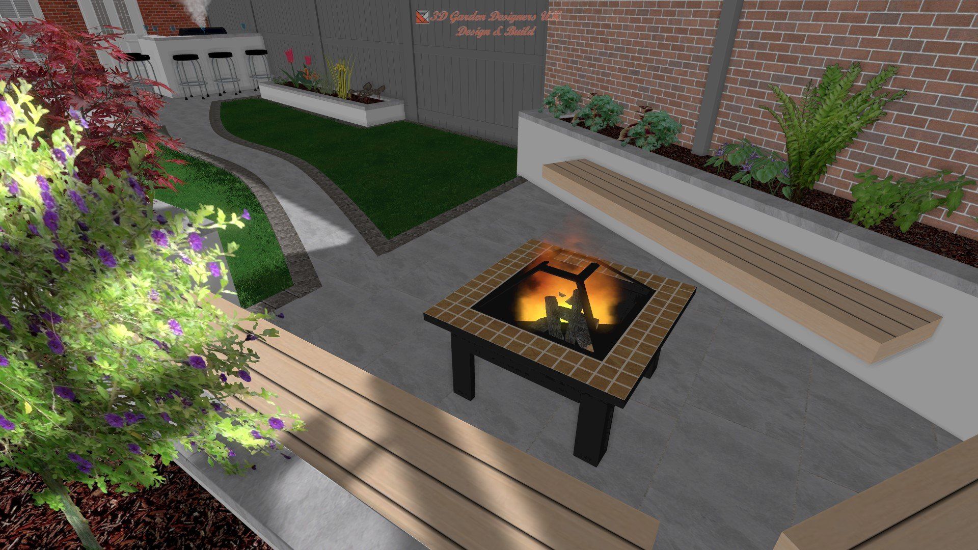 A computer generated image of a patio with a fire pit and benches.