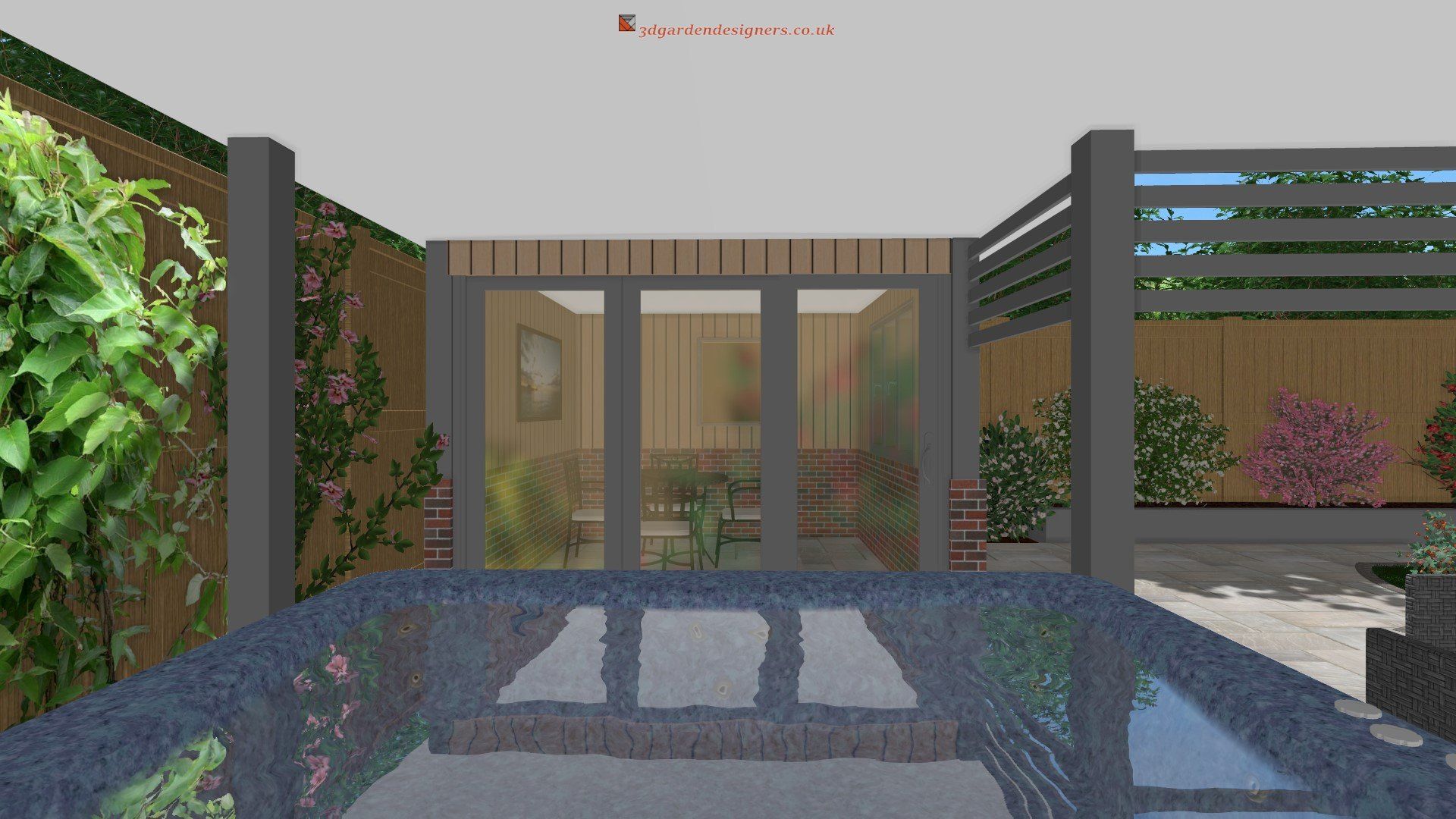 A computer generated image of a house with a swimming pool in the backyard.