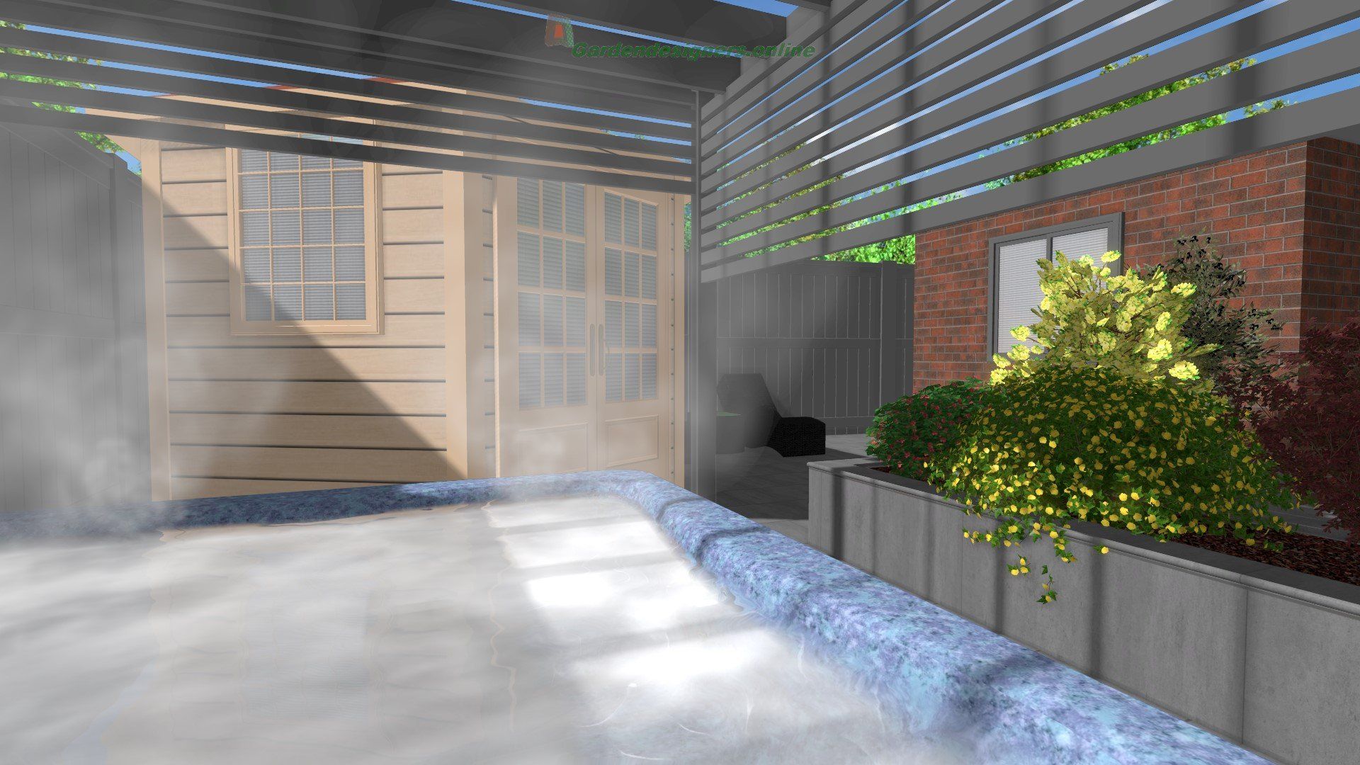 A 3d rendering of a backyard with a hot tub and a brick building.